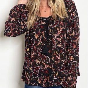 Black Paisley Print Tassel Tie Peasant Blouse